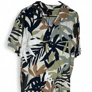 Truth Men's Leaf Pattern Casual Linen Shirt Size L